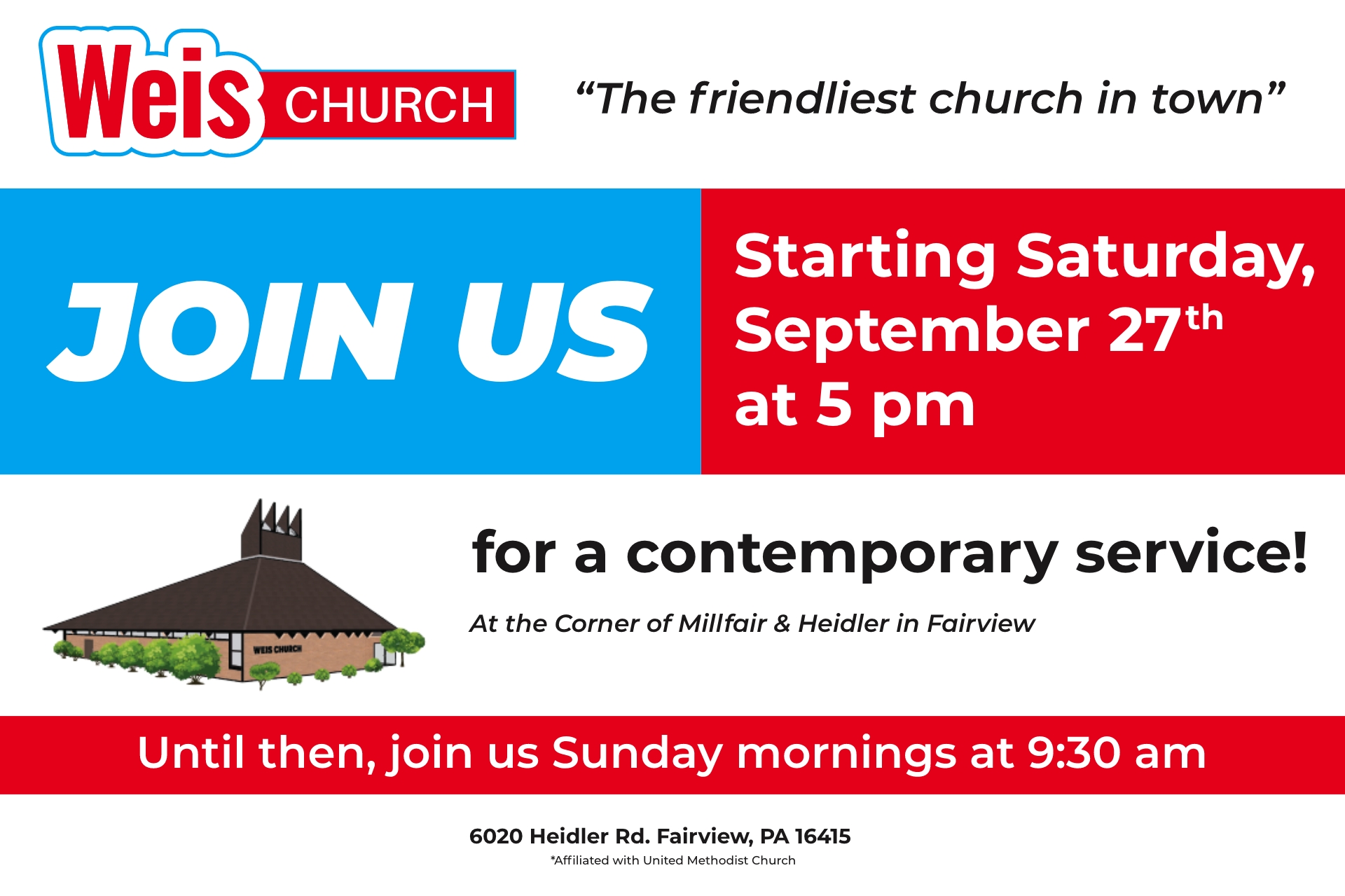 Weis Church promotional flyer showing service times and location information