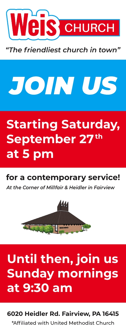 Weis Church promotional flyer showing service times and location information